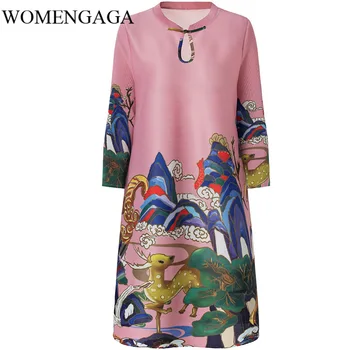 

Korea 2020 New Spring Round Collar Print Mid-length Pleated Dress Women Vintage Loose Big Size A-line Casual Dress Tide PD767