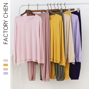 

Celebrity Style 19 New Products Spring and Autumn Modal Cotton Contrast Color Women's Tracksuit Pajamas Long Sleeve Skinny Pa