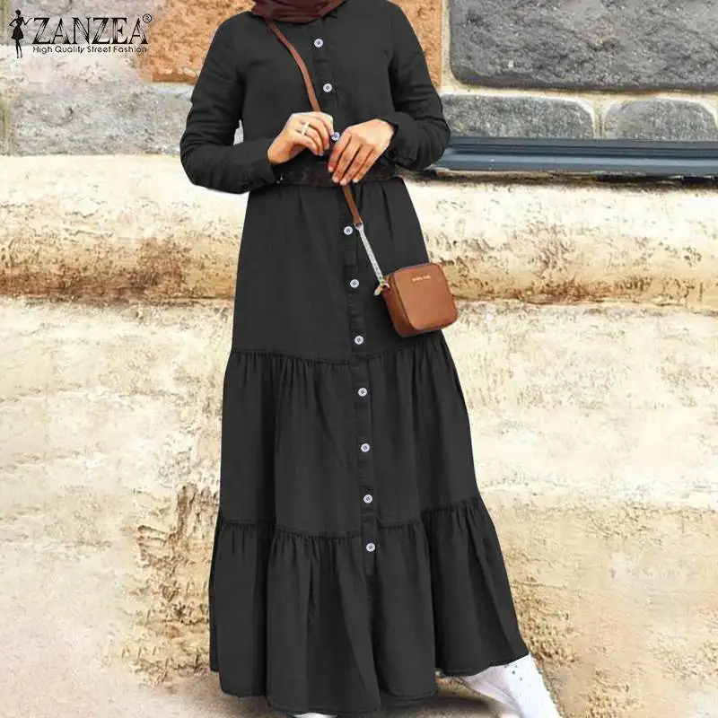 Elegant Button Muslim Dress Women's 