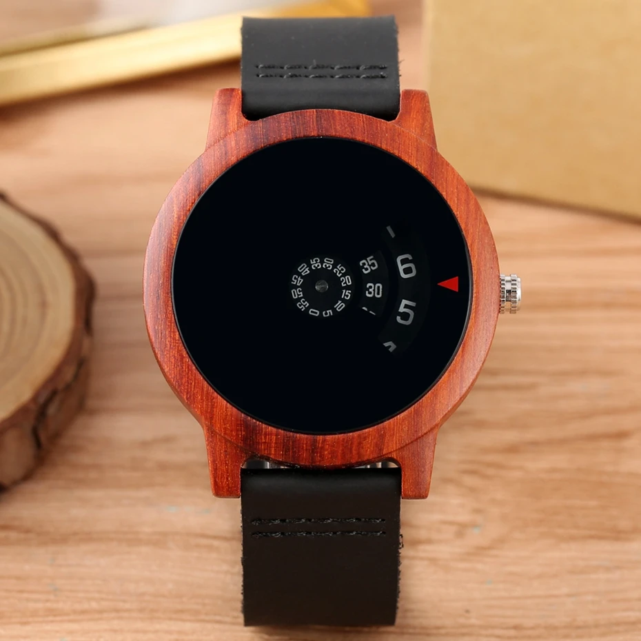 Wood Watch Quartz Art-Design Minimalist Unique Dial Case Band Turntable Fan-Shaped Red