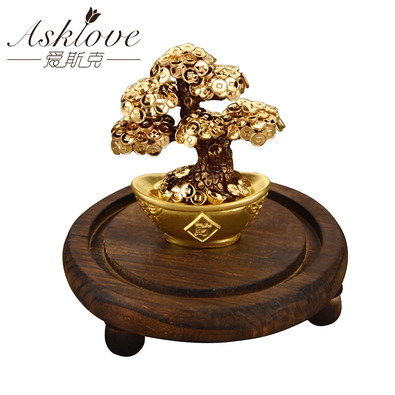 Comprar Mesa de la Oficina del Bonsai de la hoja de oro del árbol de la fortuna feng shui adornos de La Fortuna regalos decoración del hogar con caja de regalos