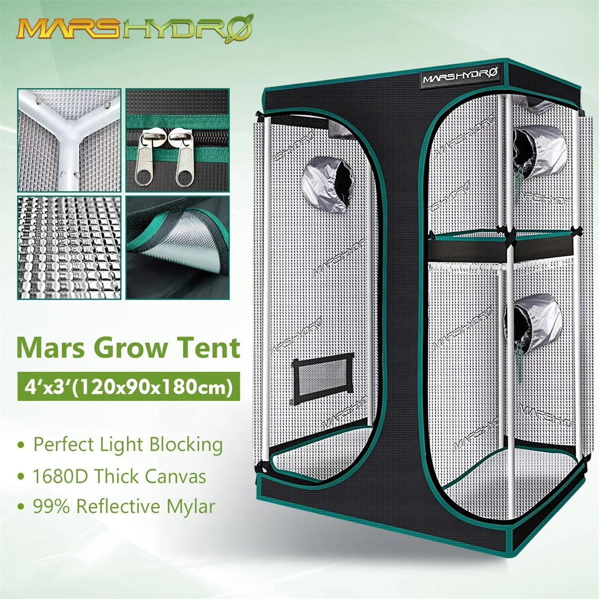 Mars Hydro 120X90X180cm Grow Tent 1680D Water-Proof Non-Toxic Reflective Material for Indoor Growing System Plant Room Garden