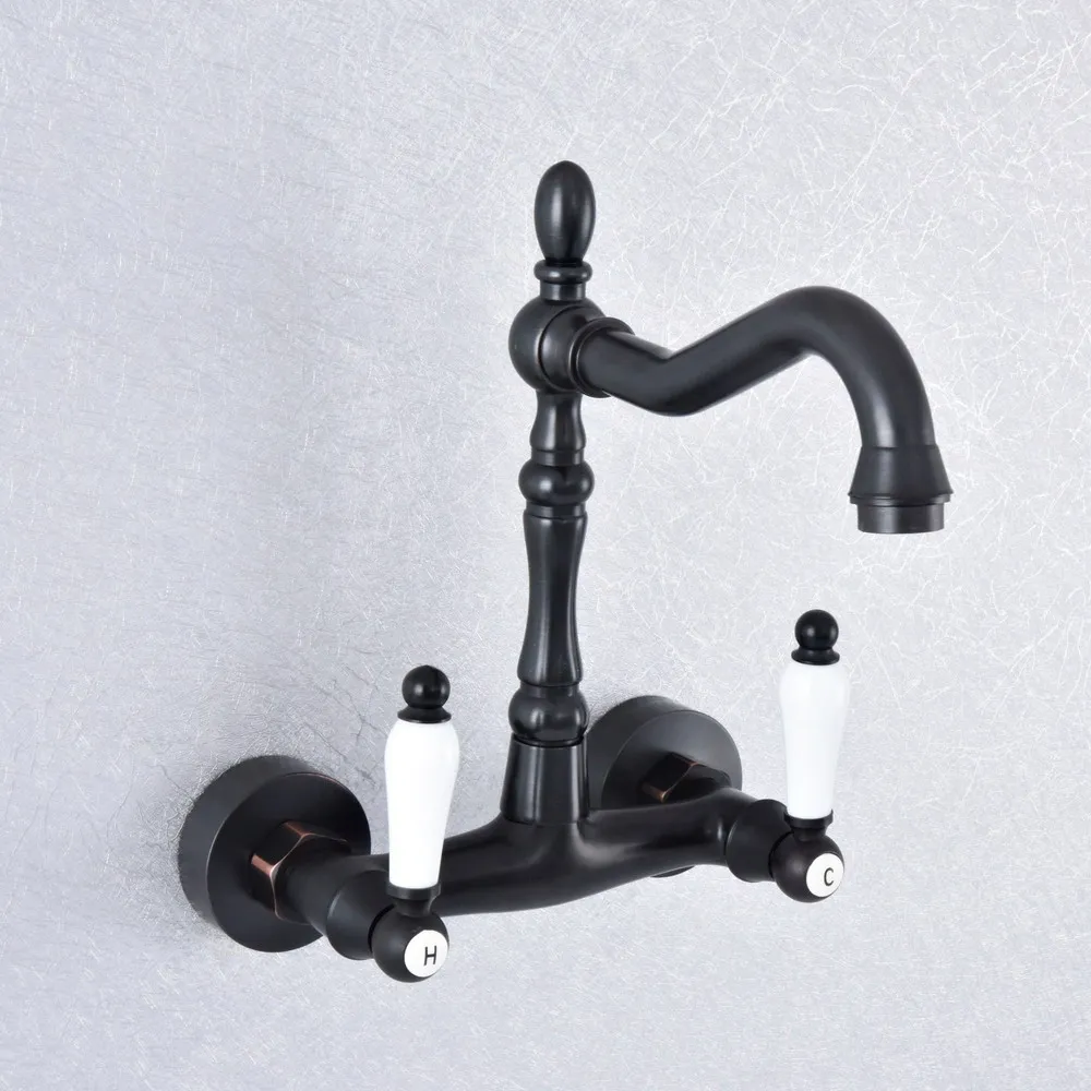 

Black Brass Bathroom Basin Swivel Spout Faucet Wall Mounted Dual Ceramic Handles Vessel Sink Mixer Taps Nsf756