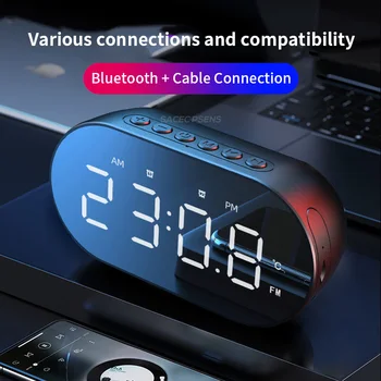 

5.0 Bluetooth Stereo Speaker Bass Digital Alarm Clock LED Mirror Temperature Display FM Radio Wireless Music Player Table Clock
