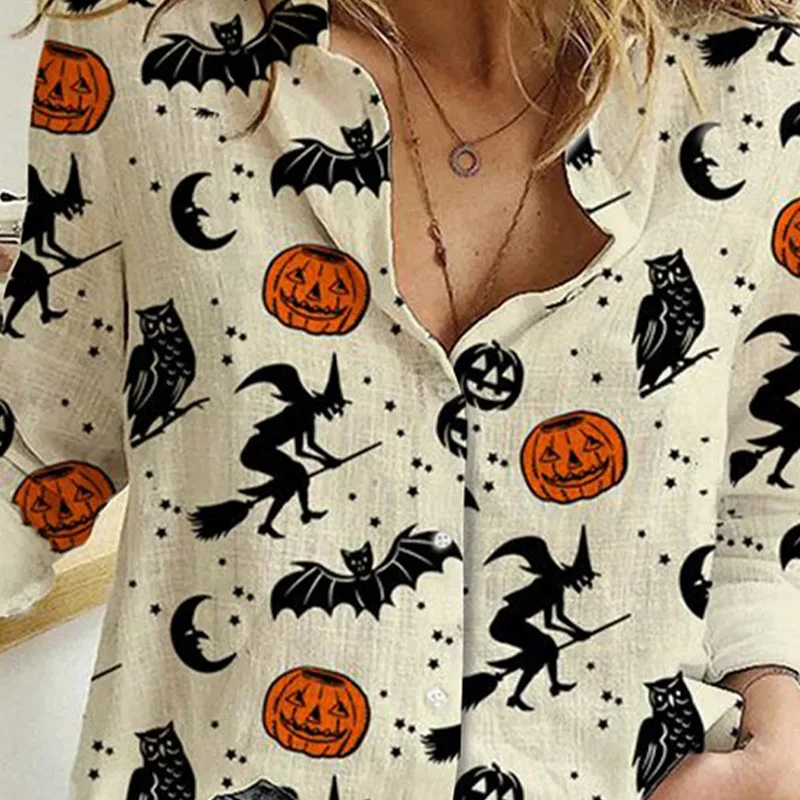 kolila Halloween Pullover Long Sleeve Loose Casual Bat Pumpkin Print Round Neck Lace Irregular Large Size Blouse Top 