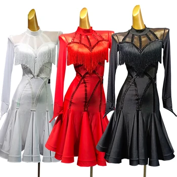 

New Latin Dance Dress Female Sleeve Fringe Evening Dress Dance Costume Latin Dress Ballroom Dance Competition Dresses 3 Colors