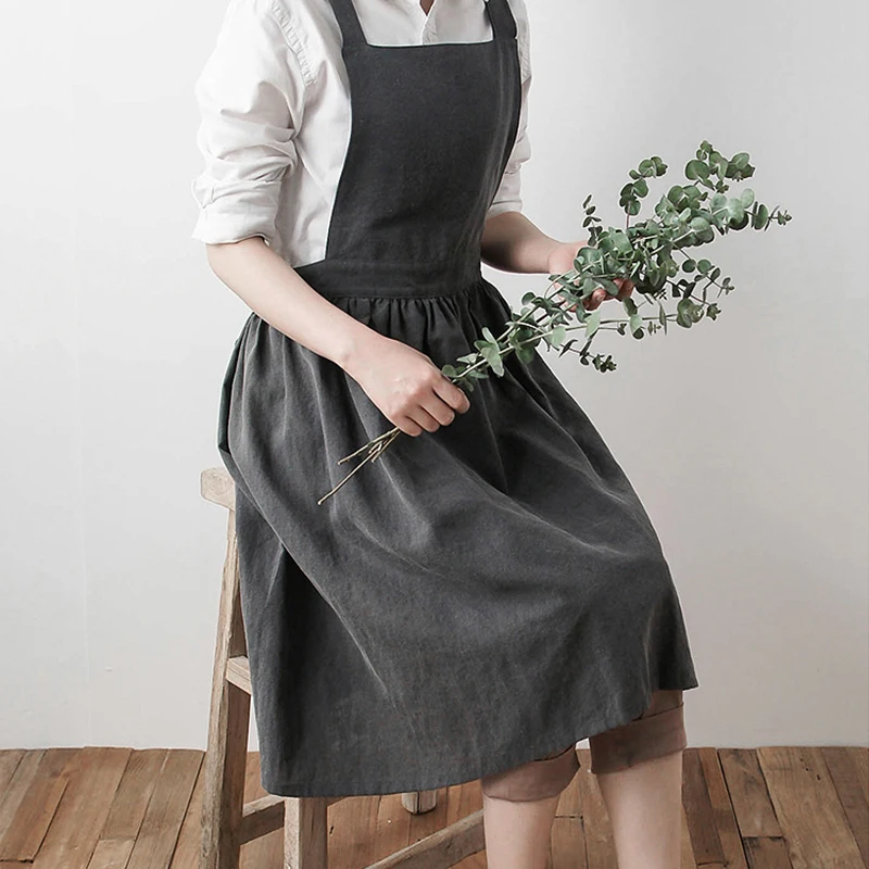 Retro American Lady Women Apron Cotton Linen High-grade Kitchen Apron For Cooking Baking Restaurant Photography Prop Solid Color
