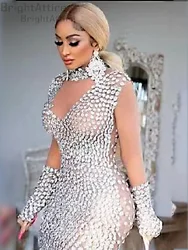 Big Rhinestones Nude Transparent Short Dress Women Prom Birthday Celebration Gala Scene Clothes Lady Gaga Stage  Host Mesh Dress