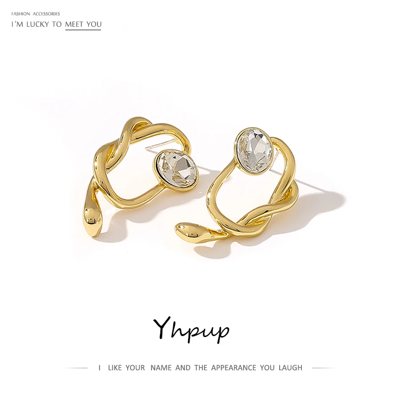 Yhpup, трендовые корейские серьги-гвоздики, полые геометрические серьги с кристаллами, медные S925 ювелирные изделия для девушек и женщин, офисные аксессуары