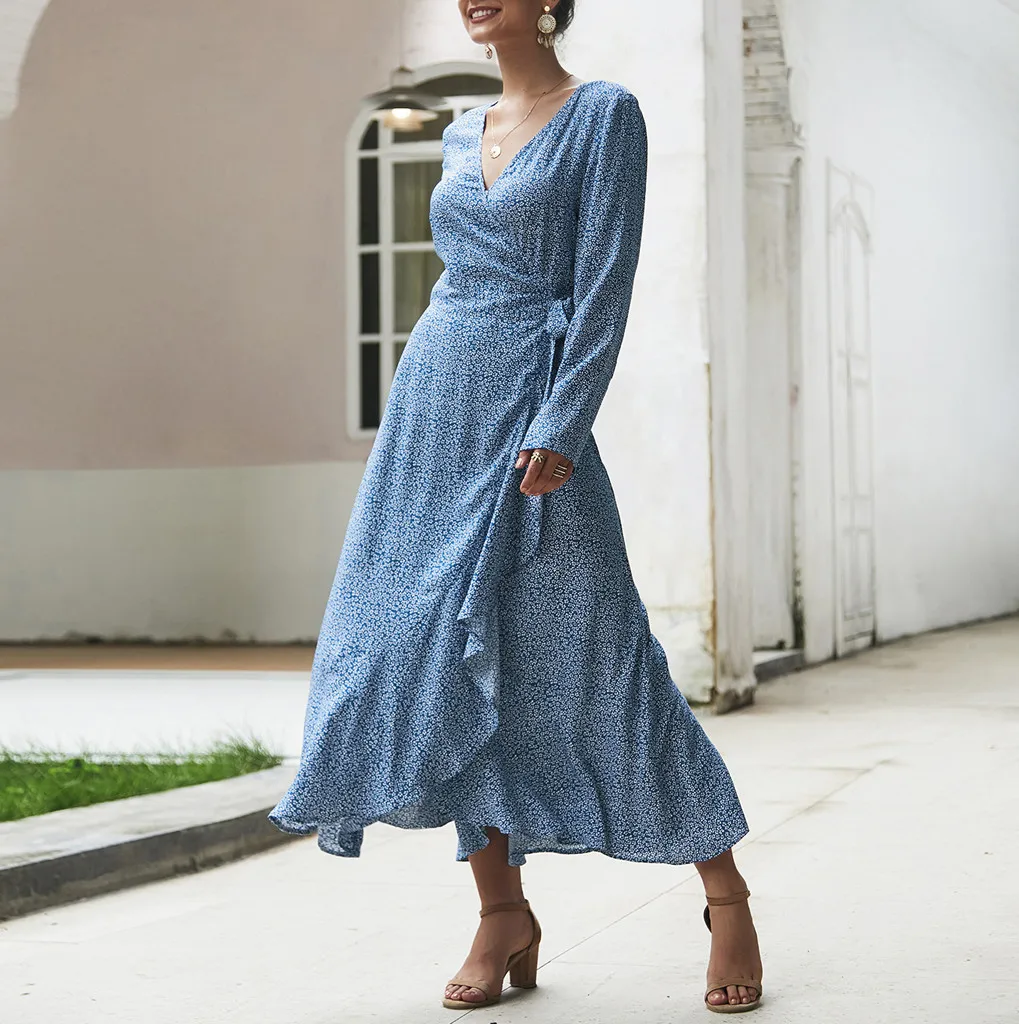 MUQGEW женские платья до середины икры с оборками, сарафан Boho с высокой талией, однотонные, с длинными рукавами, с цветочным принтом, с v-образным вырезом, макси платье