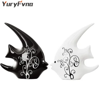 

YuryFvna 2 Pcs Ceramic Swallow Fish Couple Kiss Figurine Porcelain Animal Ornaments Modern Home Decor Gift