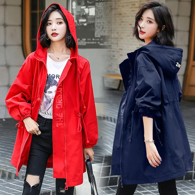 

Hooded Windbreaker Female Korean 2019 New Autumn Thin section loose wild chic red Long Trench Coats spring Women Clothing XA115
