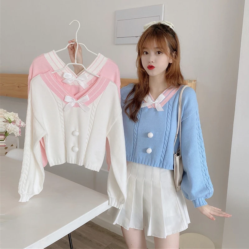 Suéteres japoneses nuevos para mujer, jerséis cortos con cuello de pico para invierno, ropa Kawaii de punto con lazo, 2020