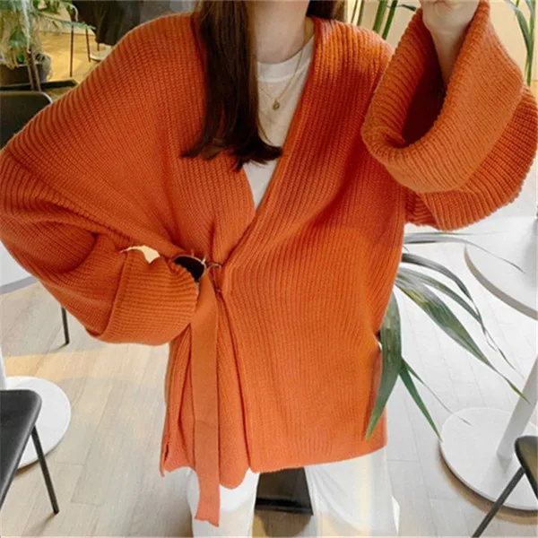 orange red RUGOD женский зимний Однотонный свитер, кардиган с v-образным вырезом, Свободное длинное плотное вязаное пальто с поясом, модная женская элегантная одежда modis lazy - Цвет: orange red
