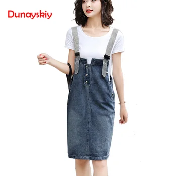 

Denim Strap dress Female Retro Spring Summer Strap Button Hip Pocket Above Knee Length Casual A Line High Waist Overalls dress