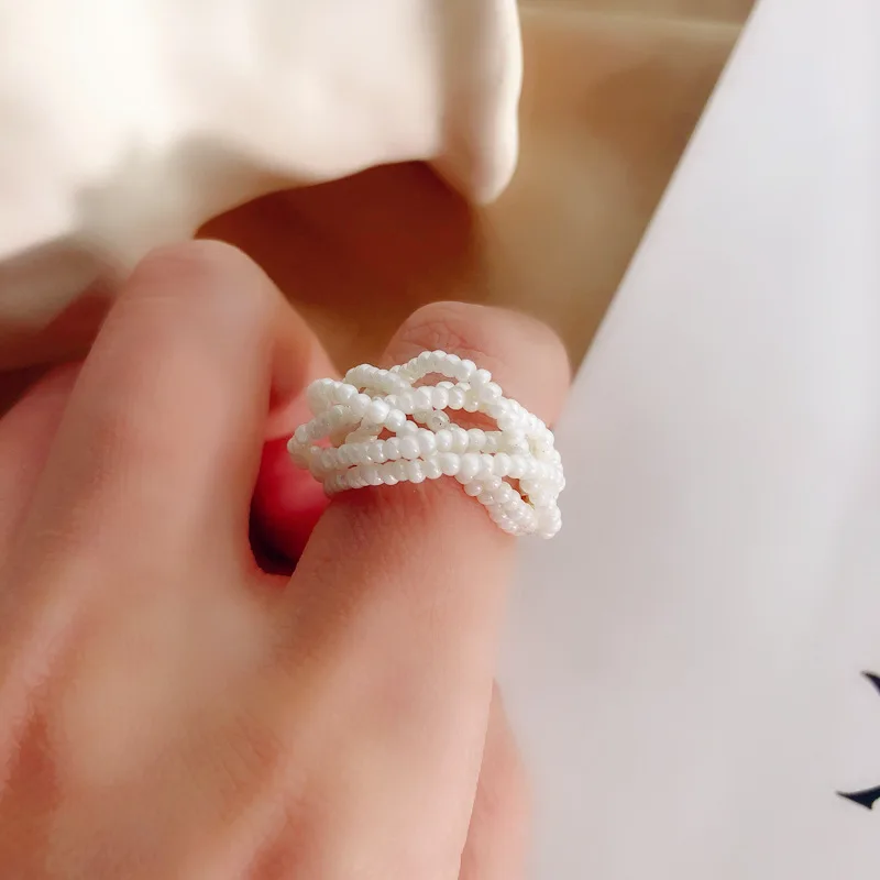 

knitting multi-layer pearl ring small bead multi circle elastic finger ring For Women Wholesale New