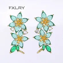  FXLRY Elegant pink /yellow AAA cubic zirconia sweety flowers stud earrings For women CZ jewelry 