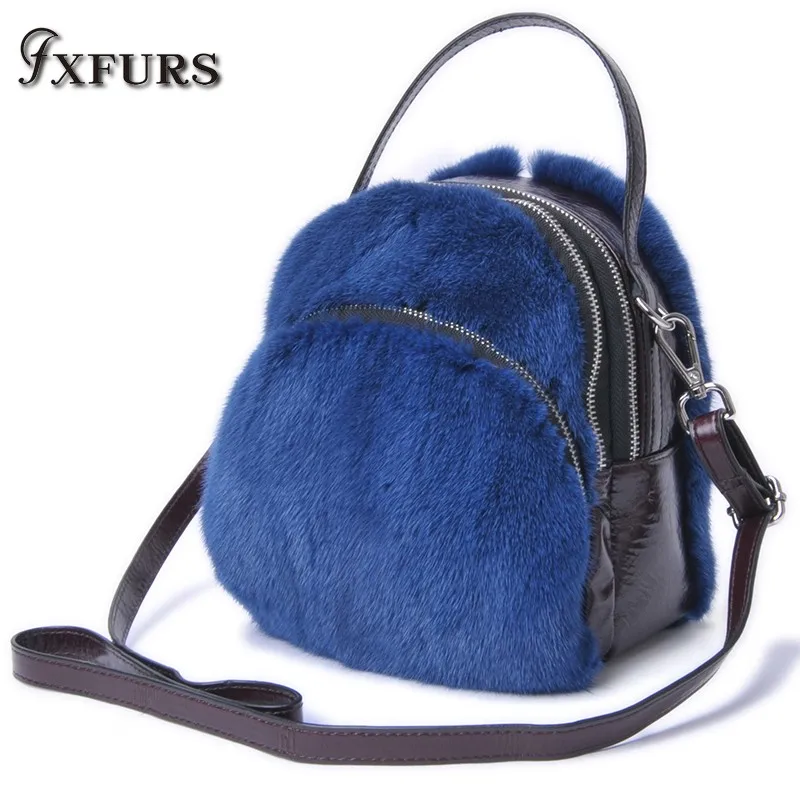 

2019 Imported Whole Skin Mink Fur Handbags with Oil Wax Style Creased Head Layer Cowhide Variable Portable Slung Backpack Bags