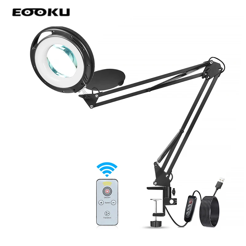 EOOKU Table lamp 5X magnifying glass  LED light desk lamp wireless remote control 3 color adjustable for work reading welding