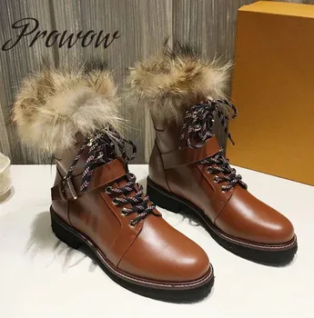 

Ollymurs Hot Genuine Leather Gladiator Lace Up Real Fur Short Boots Round Toe Black Khaki Thick Heel Low Heel Winter Boots