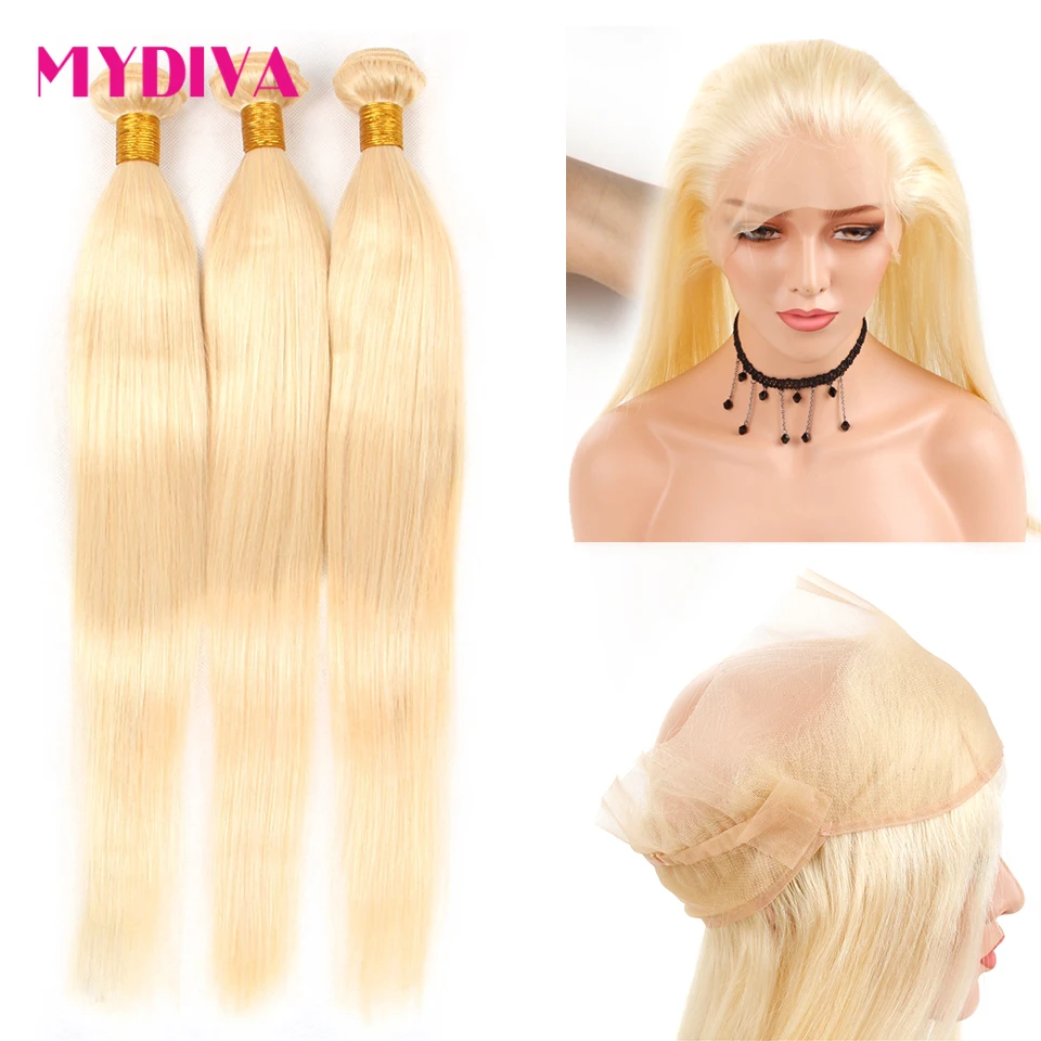 

613 Bundles With Frontal 360 Lace Frontal With Bundles Blonde Brazilian Hair Weave Straight 2 Bundles With Frontal Plucked Remy