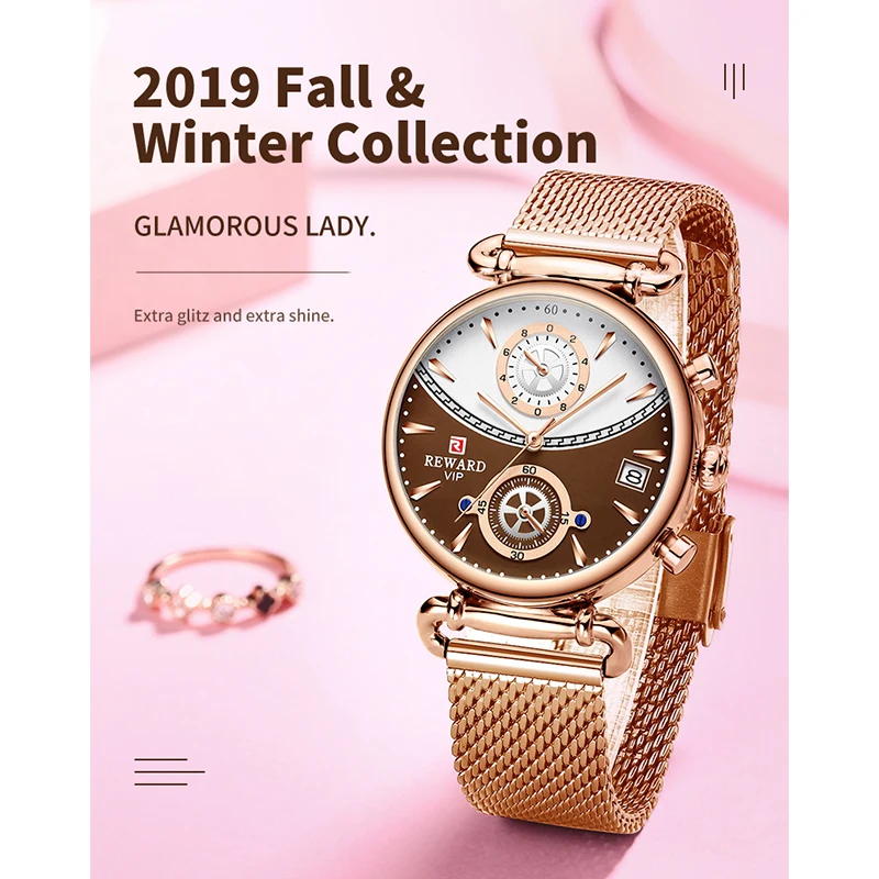 REWARD Women Watches  Business Quartz Watch Ladies Fashion Rose Gold Female Clock Stainless Steel Waterproof Wristwatch Relogio