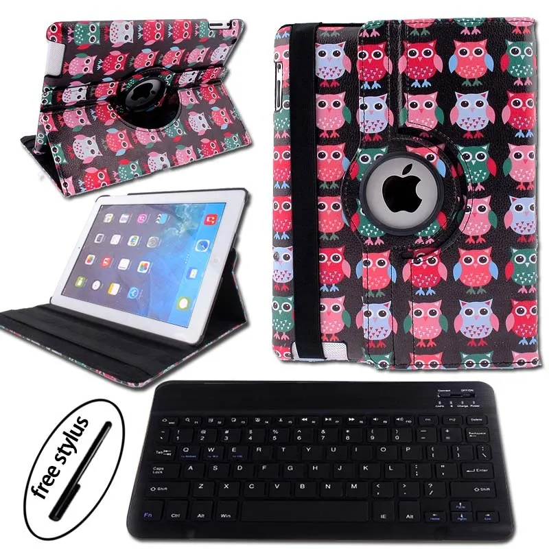 KK& LL для iPad 2/3/4 Bluetooth клавиатура+ смарт-чехол для планшета вращающийся 360 ° с автоматическим включением и отключением экрана Флип кожаный чехол - Цвет: black owls birds