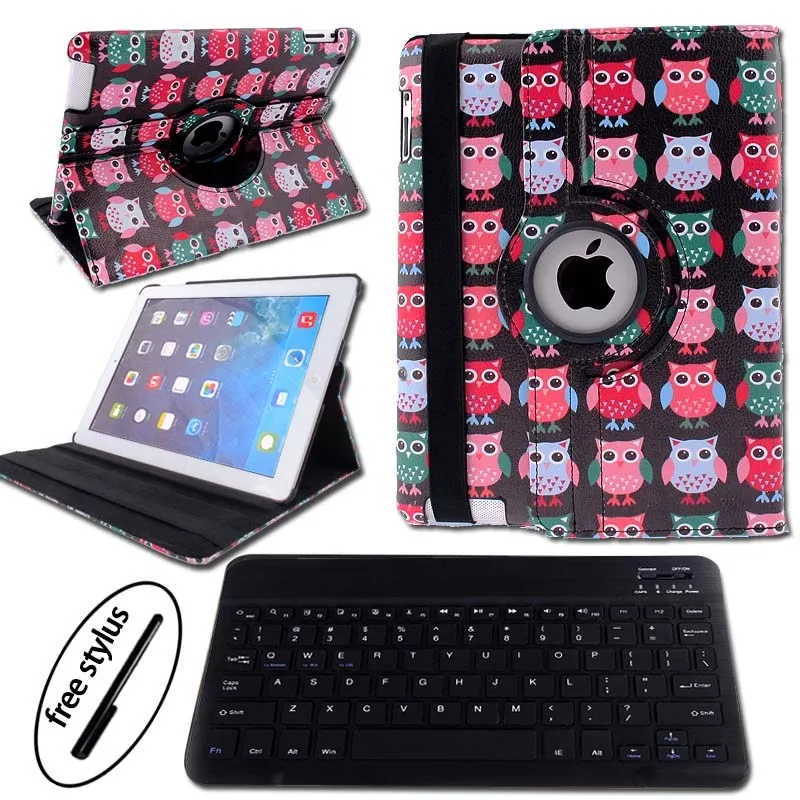 black owls birds KK& LL для iPad 2/3/4 Bluetooth клавиатура+ смарт-чехол для планшета вращающийся 360 ° с автоматическим включением и отключением экрана Флип кожаный чехол - Цвет: black owls birds