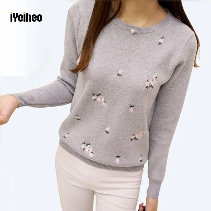 S-3XL New Youth Women's Sweater Autumn Winter 2019 Fashion Elegant Peach Embroidery Slim Girl's Knitted Pullover Tops Female