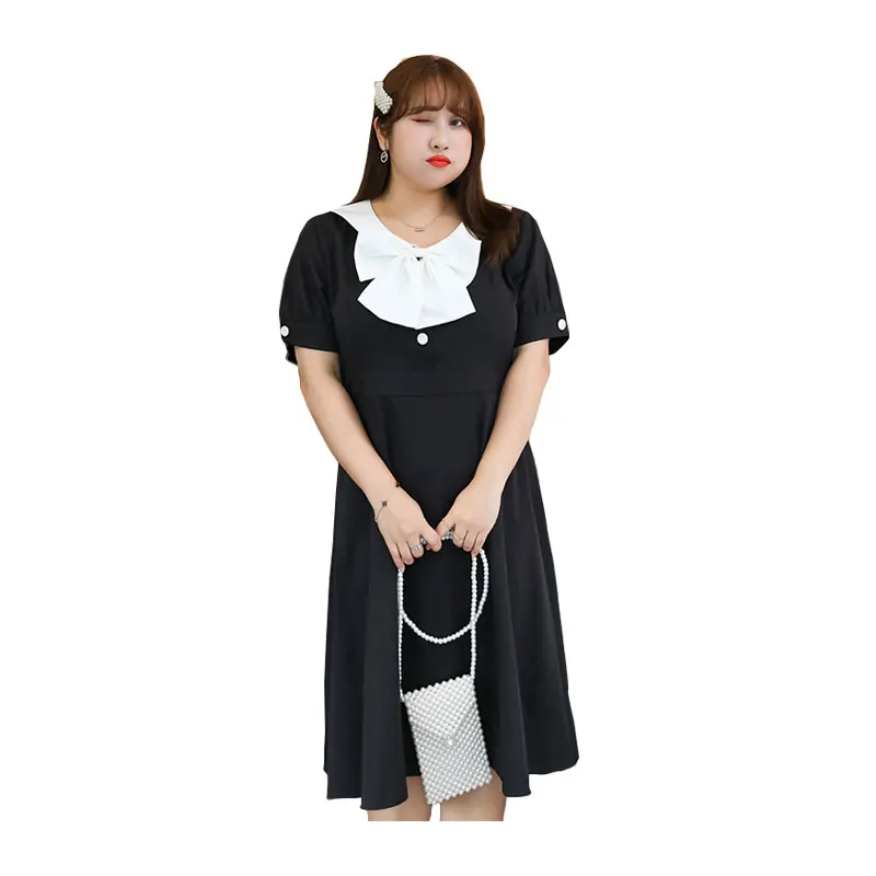 

Women's Summer Lapel Bowknot Pure Color Dress Plus Size Knee Length Casual Dress 100kg can be worn