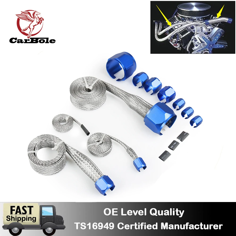 Braided Stainless Hose & Wire Sleeve Cover Kit Inc blue Aluminium Clamp Covers