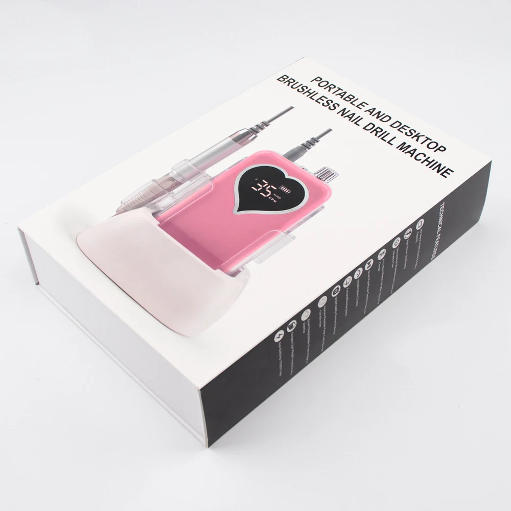 블랙 하트 데스크탑 브러시리스 무선 베이스 LED 로고 전기 네일 드릴 머신, 매니큐어 충전식 배터리용, 35000rpm