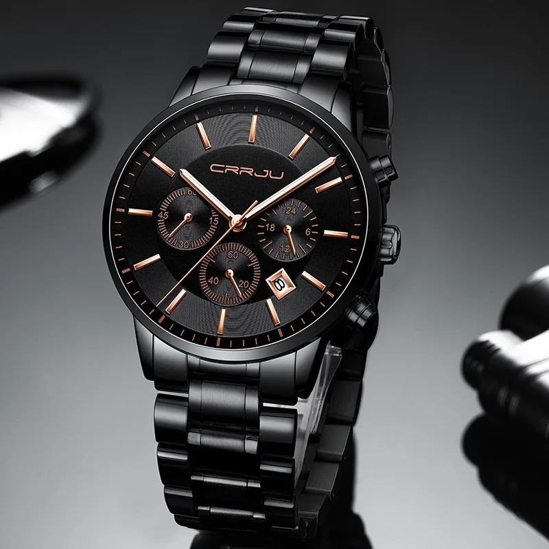 Черные наручные часы, мужские часы, бизнес стиль, нержавеющая сталь, мужские кварцевые часы для мужчин, часы с хронографом, наручные часы