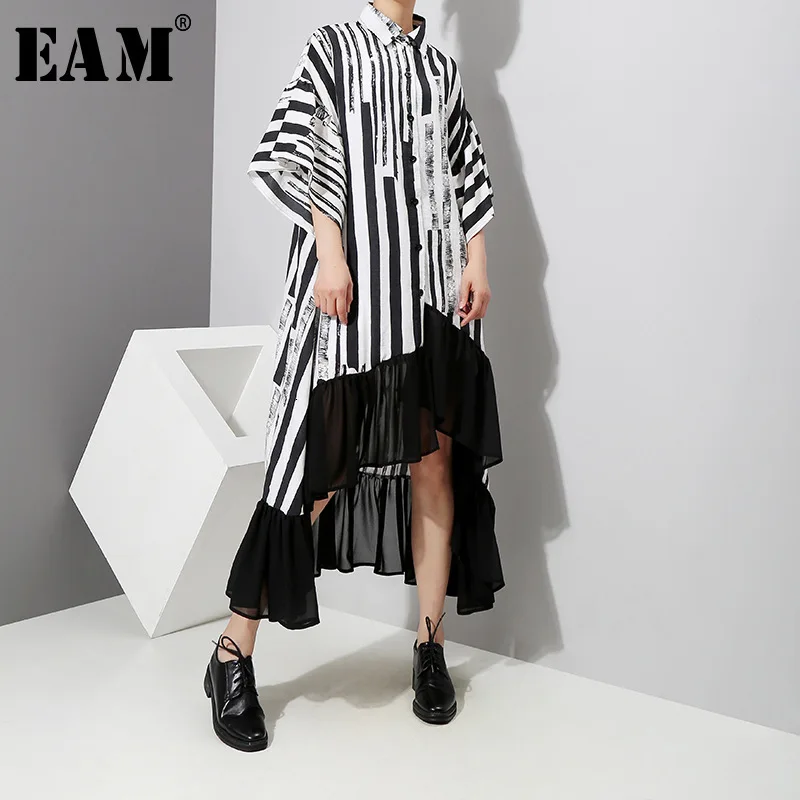 

[EAM] Women Striped Back Long Big Size Dress New Lapel Three-quarter Sleeve Loose Fit Fashion Tide Spring Autumn 2019 1D759