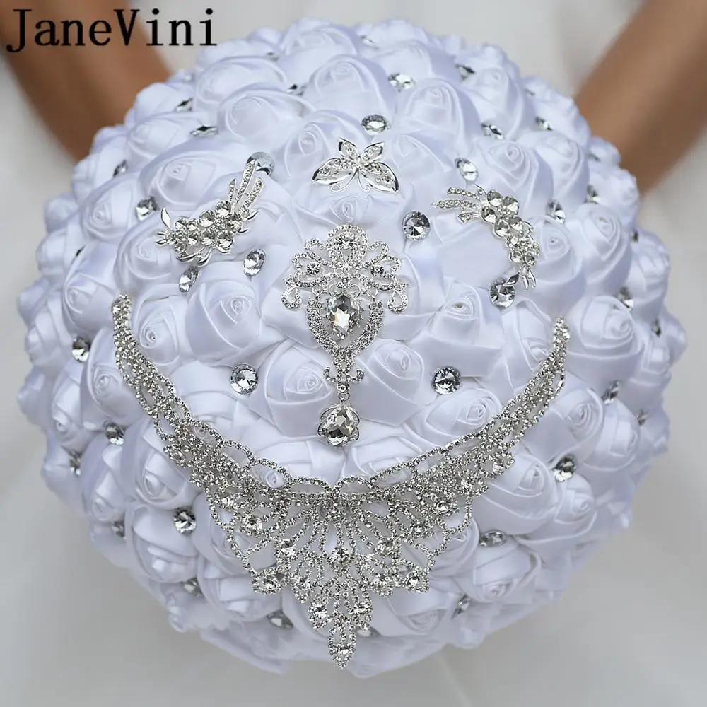 JaneVini 30CM Big Wedding Bouquets for Large Bride White Satin Roses Sparkling Crystal Butterfly Jewelry Bridal Bouquet