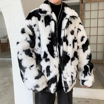 

Fashion Warm Faux Fur Mens Coat Lapel Mixed Color Black White Thick Parka Loose Male Winter Coats K50