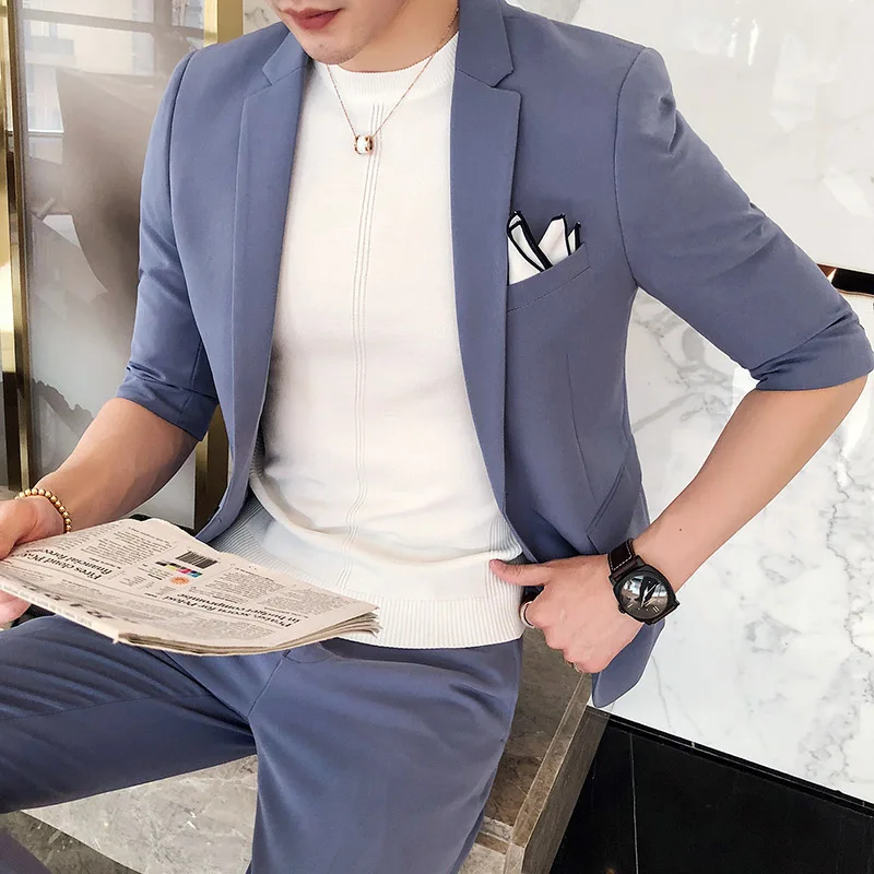

2020 Summer Thin Section Tide Men's Five Points Sleeves Suit Two Sets Of Fashion Leisure Travel Solid Color Gentleman Suit