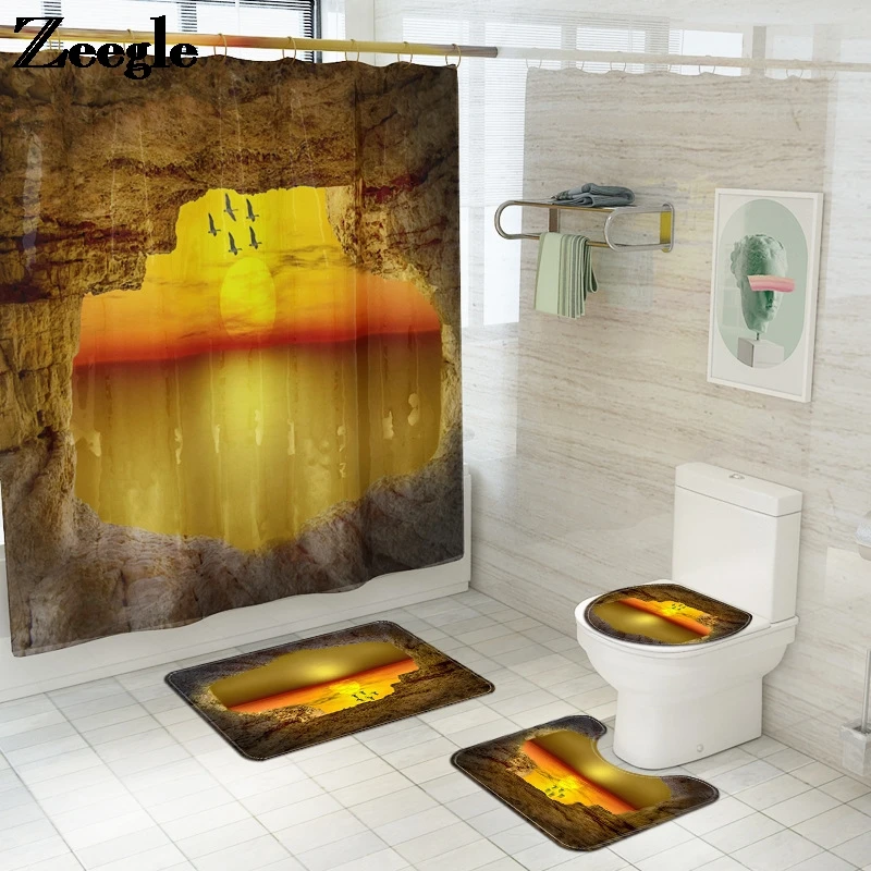 Bath Mat Toilet Carpet for Bathroom Foot Pad Non Slip Bath Mat and Shower Curtain Set Home Decor Bath Rugs Waterproof Mats