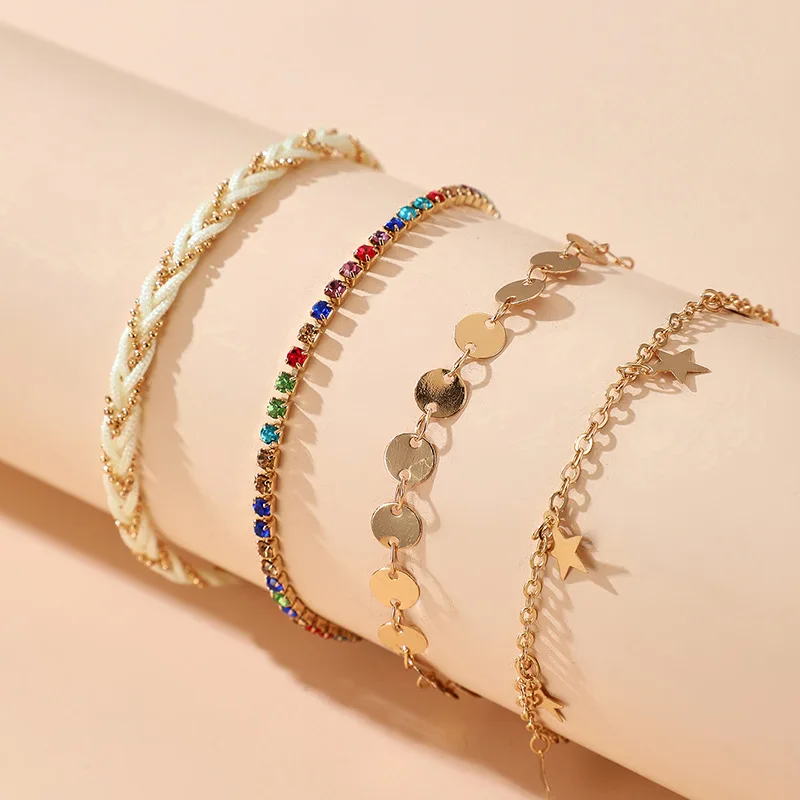 

Bohemia Ethnic 4 pc Set Handmade Woven Anklet Sequins Gold Stars Women Jewelry