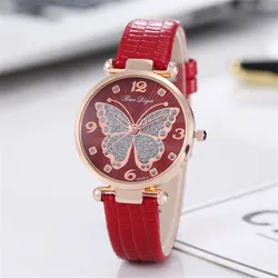 Elegant Butterfly Diamond Dial Women's Quartz Watch - Fashion Casual Leather Wristwatch (Red)