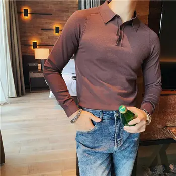 

7 Solid Color Knitted Polo Shirt Men Autumn Fashionable Brown Slim Lapel Long Sleeve Polo Shirt Polo Camisa Hombre Mannen Polo