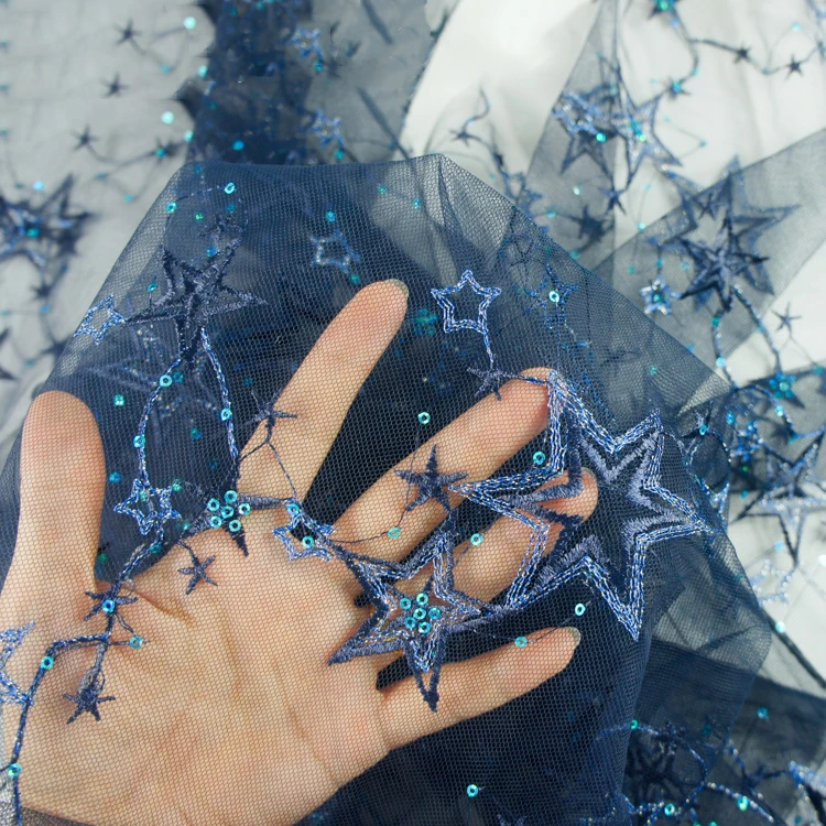 1 ярд 130 см широкая качественная сетчатая трехмерная вышивка звезды блестками кружевная ткань diy нигерийское пляжное платье вечернее платье кружево