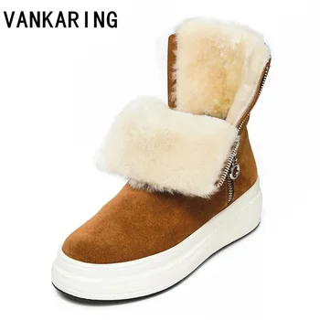 

classic women flats ankle boots real leather fur winter warm snow boots woman round-toe female flock zipper casual outdoor shoes