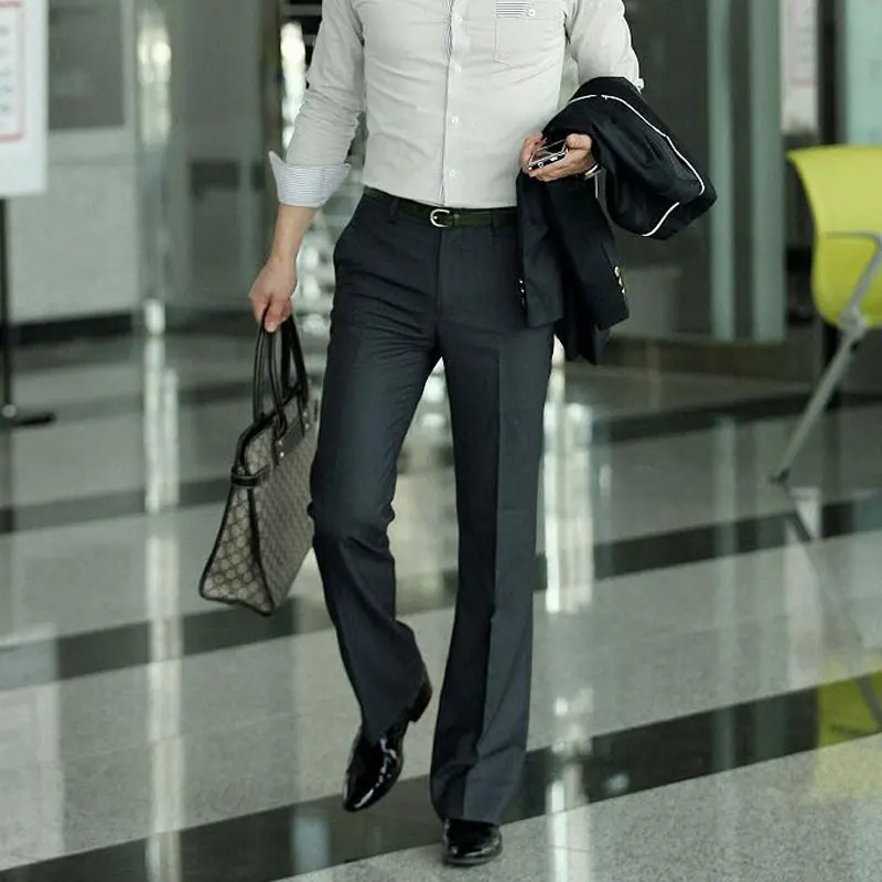 New Men Boot Cut Trousers Business Fashion Classic Office Comfortable Kahki Black White Slim Formal Bottom Flared Suit Pants