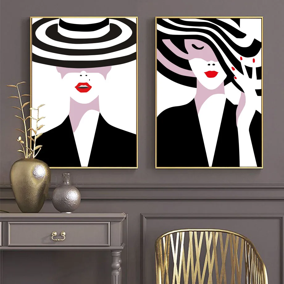 

Vogue Girls Hat Black White Posters and Prints Modern Fashion Home Decoration Canvas Painting Wall Art Pictures Girls Room Decor
