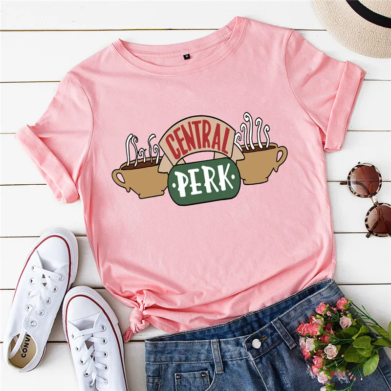 YT-Camiseta con estampado de letras para mujer, camiseta informal de algodón, camisetas de manga corta de Friends Central Perk