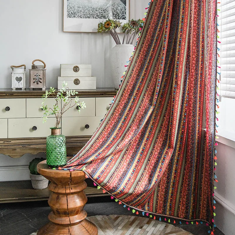 

1PCS Retro Bohemia Style Cotton and Linen Tassel Curtains for Bedroom Living Room Window Curtain Drapes Valance