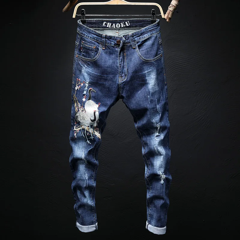 

Autumn And Winter New Style Crane Wind Embroidered Jeans Men Skinny Pants Embroidery Men Korean-style Slim Fit BOY'S Fashion