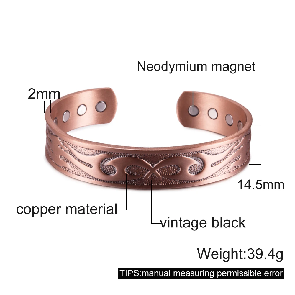 Braccialetti magnetici in rame, braccialetti energetici per la salute dell'artrite, braccialetti magnetici da uomo, polsini regolabili vintage, larghezza 14,5 mm, gioielli_voghion.com