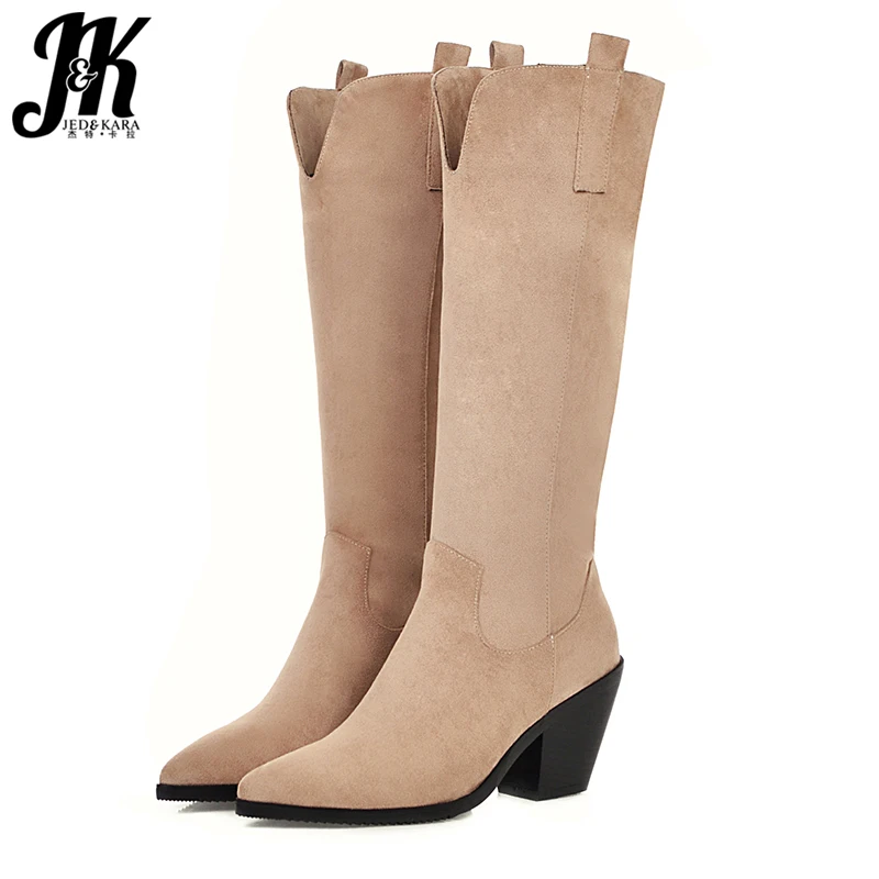 

JK Western Boots Women High Heels Cuban Cowboy Boot Ladies Knee High Shoes Pointed Toe Shoes Female Shoes Winter Big Size 46